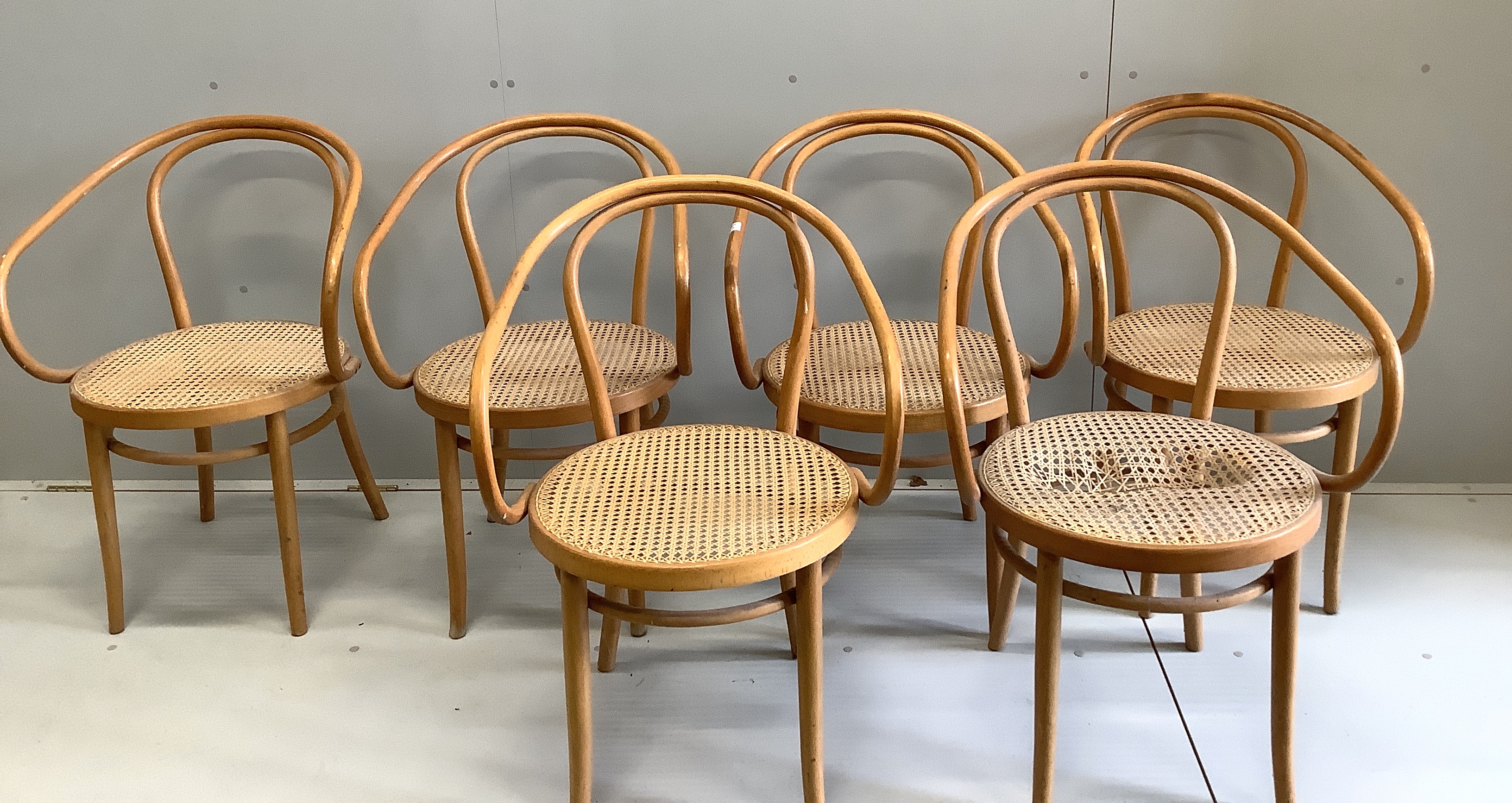 Six cane seat bentwood elbow chairs, width 58cm, depth 47cm, height 85cm